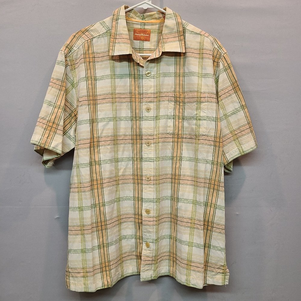Tommy Bahama Shirt Mens Large Plaid Button Down Short Sleeve Silk Blend